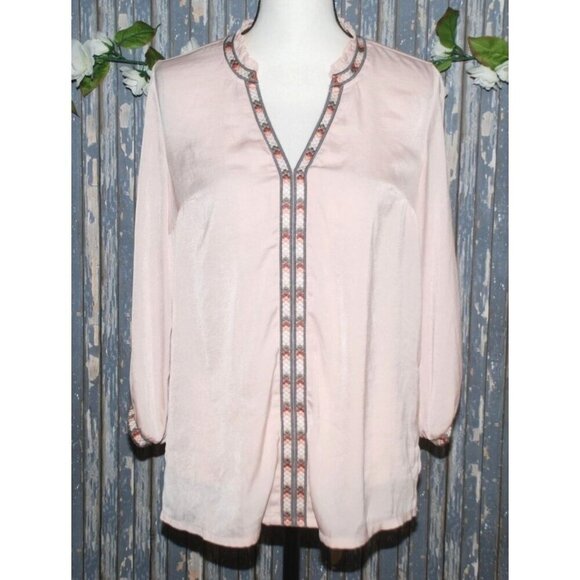 Democracy Pink Blouse Top Size S Embroidered Peek a Boo Long Sleeve Ruffle Colla - Picture 1 of 9